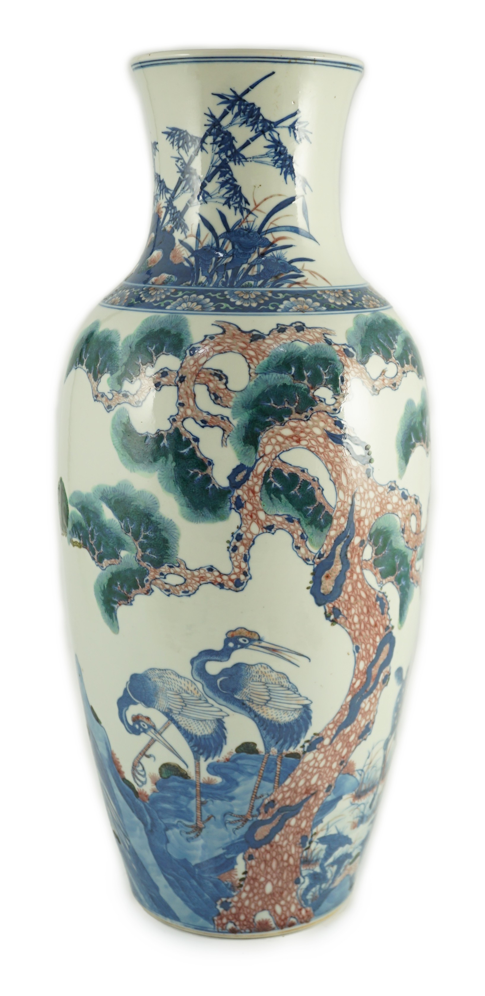 An unusual Chinese green enamelled underglaze blue and copper red tall vase, 19th century, 46.4cm high